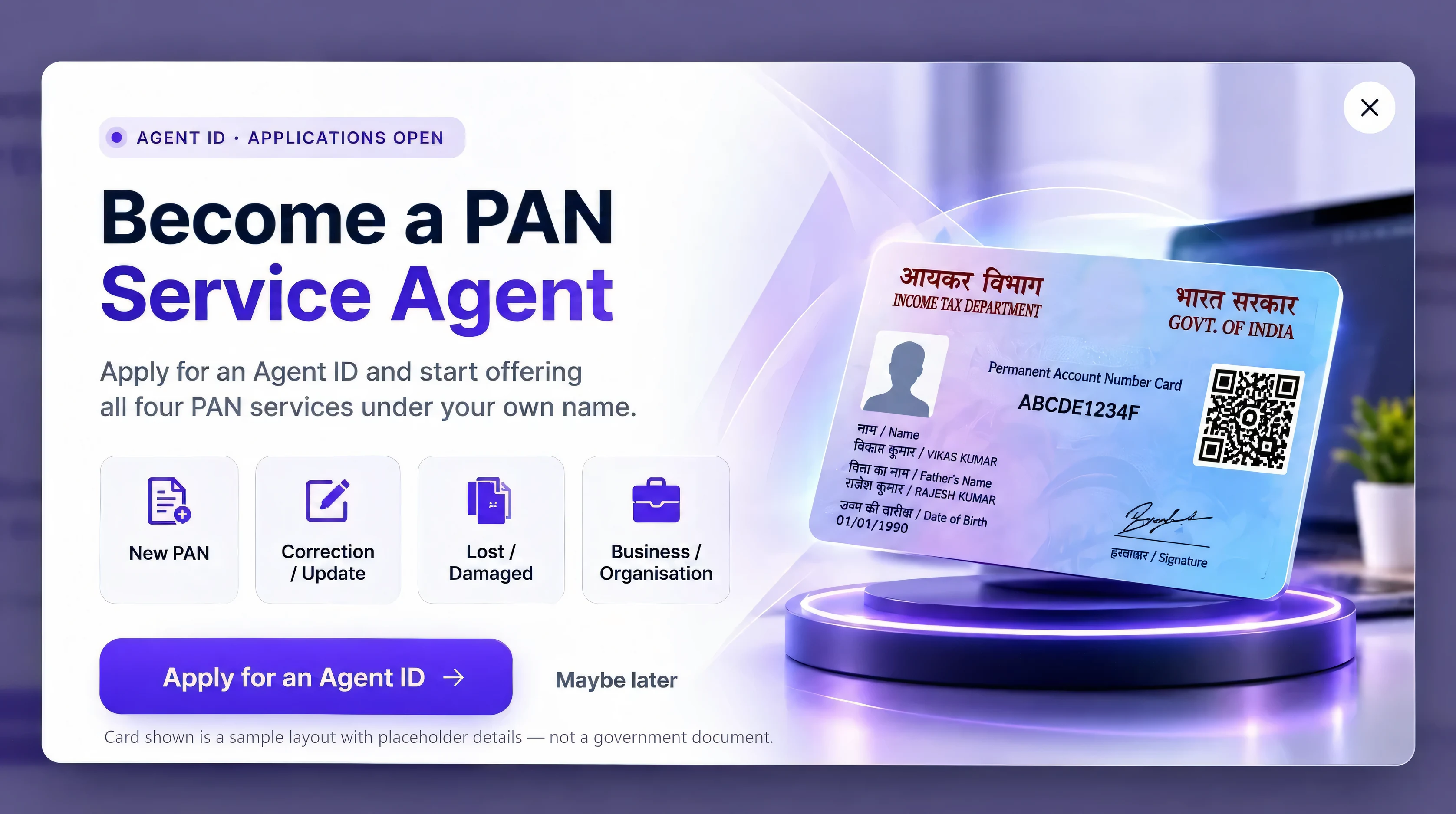 Become a PAN Service Agent. Apply for an Agent ID and start offering all four PAN services — new PAN, correction or update, lost or damaged, and business or organisation — under your own name. The PAN card shown is a sample layout with placeholder details, not a government document.